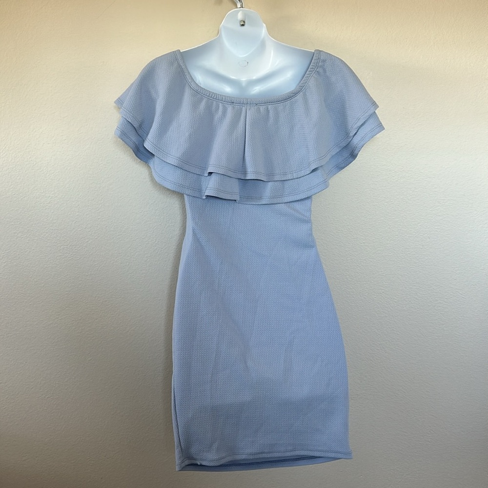 Pinkblush Light Blue Ruffle Off Shoulder Ruched Maternity Mini Dress - Picture 9 of 12